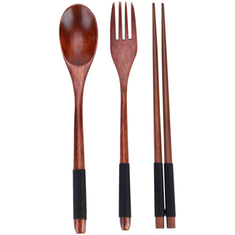 Ensemble de 3 couverts en bois : cuillère, fourchette et baguettes avec fil noir (1/5)