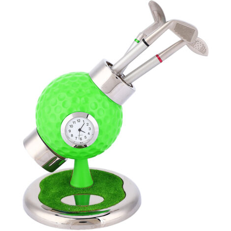 Porte-stylo boule de golf avec horloge et 3 crayons - Pot à crayons bureau étude vert (1/5)