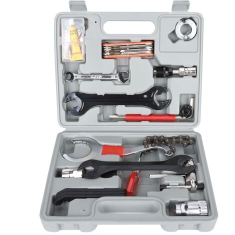 Kit de réparation vélo 23 pièces en acier inoxydable avec clé combinée, dérive-chaîne et rustines pour pneus de VTT et vélo de route (1/5)