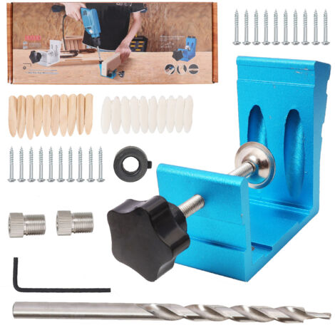 Kit de perçage incliné 46 pièces en alliage d'aluminium robuste et précis pour menuiserie, guide de perçage bleu (1/5)