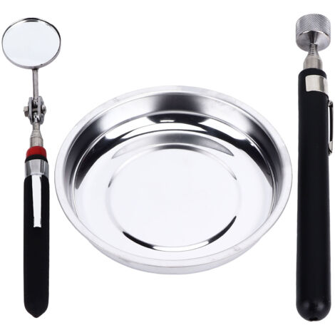 Plateau Magnétique Rond en Acier Inoxydable avec Outil de Ramassage et Miroir Télescopique pour Atelier (1/5)