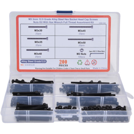 Kit de 200 pièces d'écrous et boulons hexagonaux à tête creuse, assortiment en acier carbone 12.9 avec clés pour usage industriel (1/5)