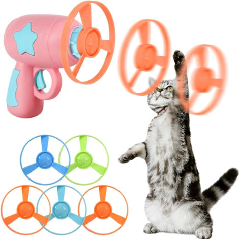 Frisbee interactif pour chien et chat avec lanceur et 5 disques colorés (rose)