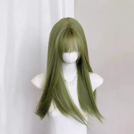 Perruque longue femme, style forêt, frange fluide, cheveux lisses, bandeau intégral, couleur brun vert (1/5)