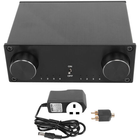 Commutateur Audio 4 Entrées 4 Sorties Hi-Fi, Double Canal, Connecteurs RCA Dorés, Commutation Silencieuse Sans Perte, Alimentation 100‑240V avec Prise UK