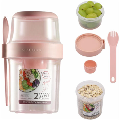 Tasse à emporter pour petit-déjeuner, pot de salade et yaourt, contenant pour céréales et overnight oats, avec compartiment à sauce et fourchette (Rose, 29,5 oz) (1/5)