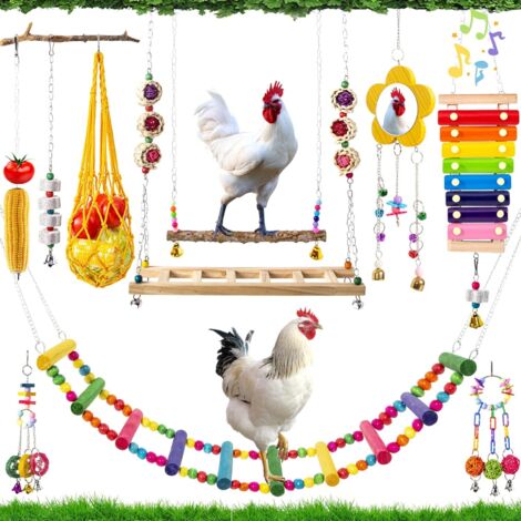 10 Jouets pour Poulailler - Xylophone, Miroir, Pont Échelle, Balançoire, Distributeur de Légumes, Jouets à Ronger et Fourrager, Cadeaux pour Poules