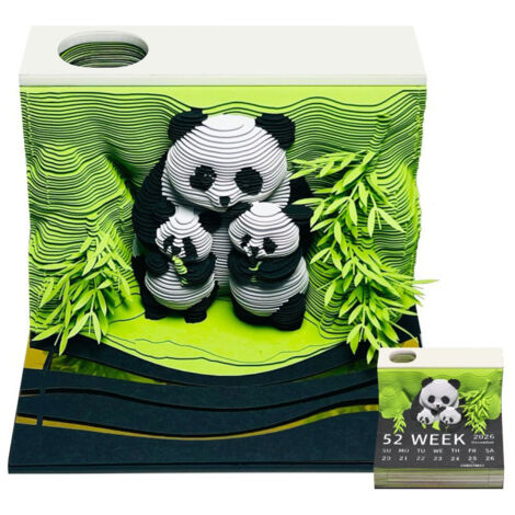 Calendrier de Bureau 2026 Art 3D Sculpture Papier - Décoration Panda avec Étui Acrylic, Notes Autocollantes, Idée Cadeau Créatif Noël (1/5)
