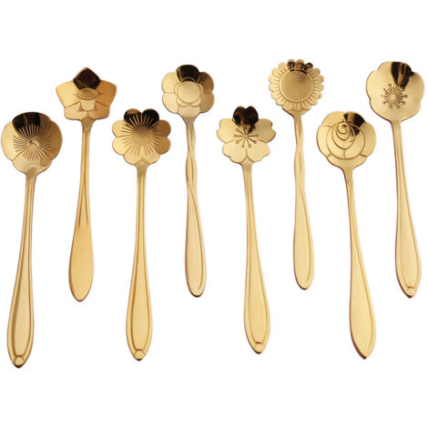 Lot de 8 Cuillères à Fleurs en Acier Inoxydable, Cuillères à Thé Réutilisables pour Gâteaux et Tea Parties (11 cm, Doré) (1/5)