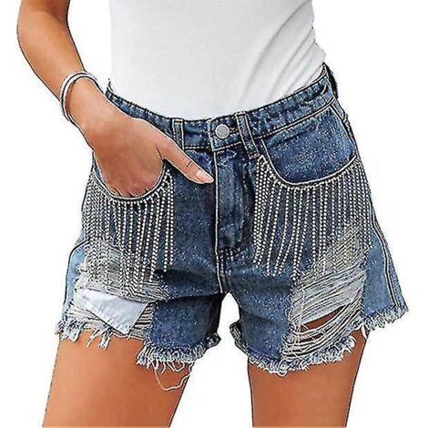 Short en jean à franges strass pour femme, taille haute, déchiré, idéal pour l'été - 2XL (1/4)