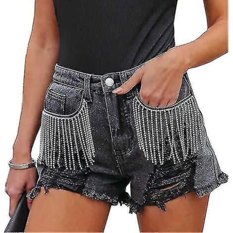 Short en jean à franges strass pour femme, taille haute, déchiré, idéal pour l'été - Taille L (1/5)