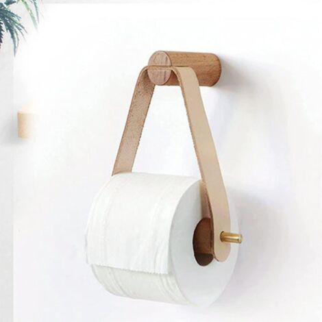 Porte-papier toilette mural en bois et cuir, porte-rouleaux de papier toilette rustique à fixer au mur, accessoires de salle de bain élégants et naturels avec adhésif. (1/5)