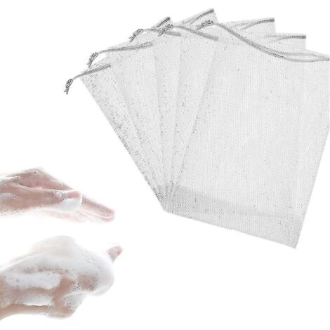 50 sacs à savon en filet, sacs à savon réutilisables, sacs à chutes de savon, sacs à savon en maille à bulles avec cordon et outils de nettoyage. (1/3)
