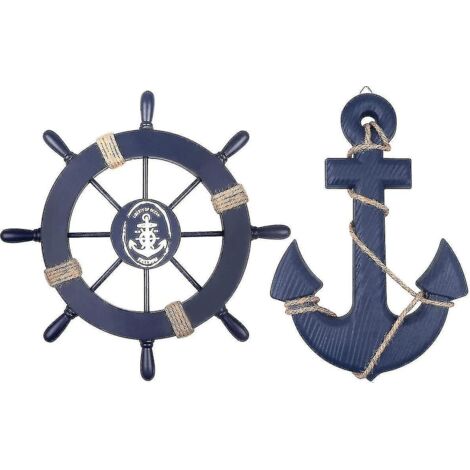 Lot de 2 roues de bateau en bois de 28 cm et ancre en bois de 33 cm avec corde - Décoration murale/ornement à suspendre à une porte - (1/5)