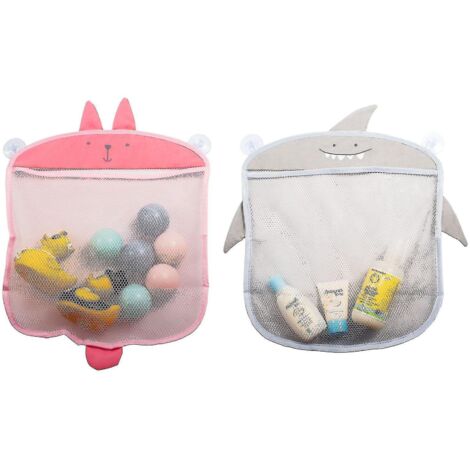 Lot de 2 organisateurs de jouets de bain pour enfants, sac en filet suspendu pour baignoire et douche, gris et rose. (1/5)