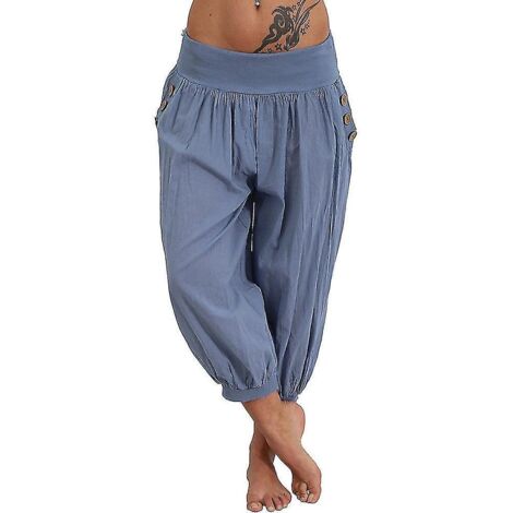 Pantalon de yoga femme, poches latérales, style sarouel, pantacourt, séchage rapide, évacuation de l'humidité, léger, style hippie bohème, bleu clair, mandarine, blanc cassé, taille XL (1/5)