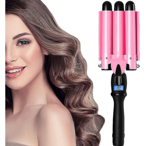 Fer à boucler à 3 barils avec affichage LCD de la température, fer à boucler professionnel à température réglable, portable, pour cheveux longs et courts. (1/5)