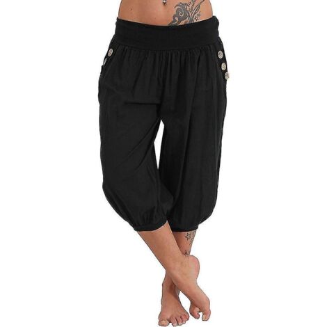Pantalon de yoga pour femme, poches latérales, style sarouel, pantacourt, séchage rapide, évacuation de l'humidité, léger, style hippie bohème, bleu clair, mandarine, blanc cassé, taille S (1/5)