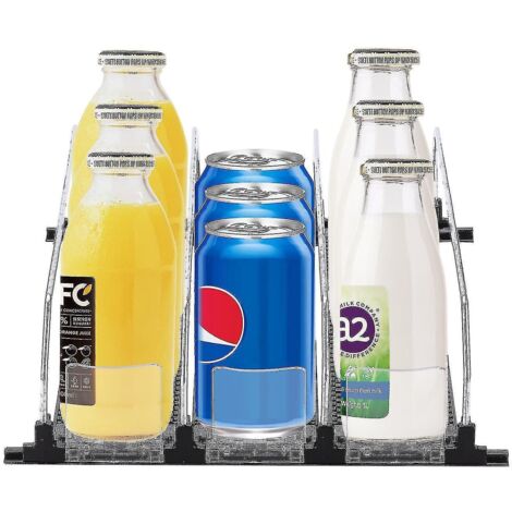 Organisateur de canettes de soda à poussoir automatique pour réfrigérateur, grande capacité, en plastique noir, créatif et pratique (contenance : 31 cm). (1/4)