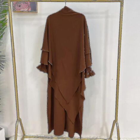Ramadan Eid Femme Musulmane Jilbab 2 Pièces Abaya avec Hijab Long Khimar Niqab Ensemble Robe de Prière Aérienne Tenue Islam Djellaba Burka-ML-ensemble de café-M-L (1/5)