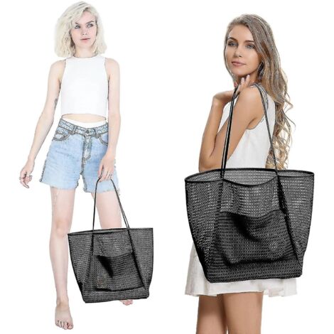 Sac de plage grand format en filet, sac cabas réutilisable, sac à bandoulière pour pique-nique, vacances, voyage et natation (noir) (1/5)