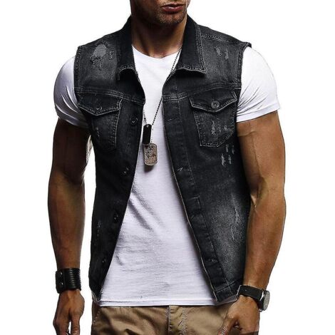 Gilet en jean homme à revers, sans manches, coupe slim, style décontracté - 3XL - noir-3XL (1/4)