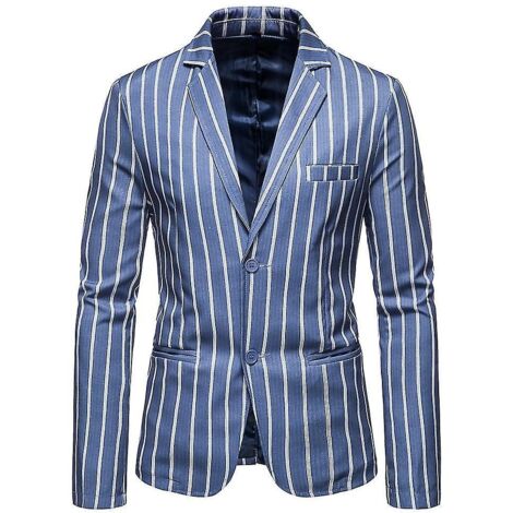 Veste blazer rayée pour homme, taille L, bleu, idéale pour les occasions formelles, les mariages et les occasions décontractées.-L (1/3)