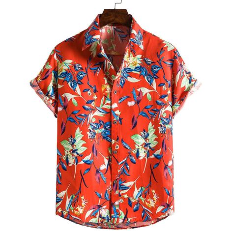 Chemise hawaïenne à manches courtes pour homme, boutonnée sur le devant, style décontracté, idéale pour les vacances - Taille L - Rouge-L (1/5)