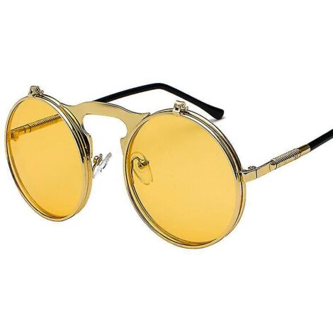 Lunettes de soleil rétro à monture relevable ronde style steampunk pour hommes et femmes, monture dorée, verres jaunes (1/3)