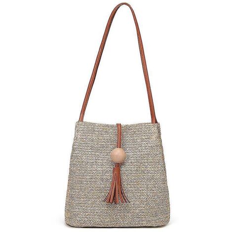 Sac à main bohème en paille et rotin pour femme, sac bandoulière en maille tricotée à la main, sac seau d'été à pompons - Marron-Brown (1/5)