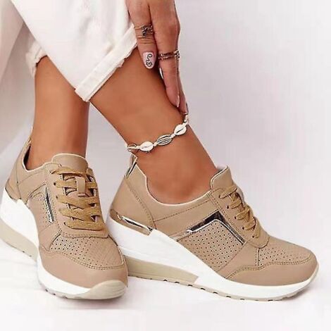 Chaussures de sport compensées à lacets Snickers pour femmes, vulcanisées, confortables et décontractées - taille 39 - kaki-39 (1/3)