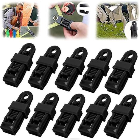 Lot de 10 poignées de verrouillage robustes et réglables pour bâches et toiles d'ombrage, clips en plastique réutilisables (noir) (1/5)