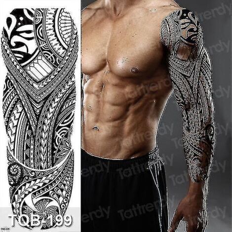 Tatouage temporaire homme grand format, imperméable, manchon bras, robot noir, tatouages mécaniques, tête de lion tribale, renard royal - TQB199-TQB199 (1/5)