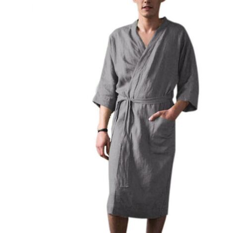 Peignoir de bain homme en coton et lin, manches 3/4, gris - Taille L (1/3)