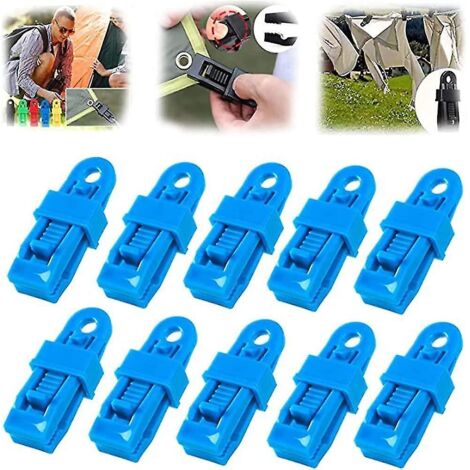 Lot de 10 poignées de verrouillage robustes et réglables pour bâches et toiles d'ombrage, clips en plastique réutilisables, bleu-bleu (1/5)