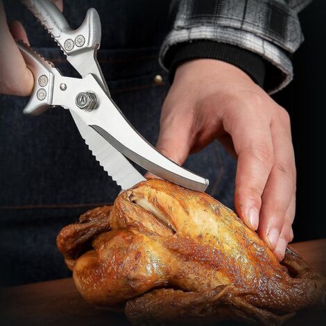 Ciseaux de cuisine professionnels à lame épaisse, ciseaux à os de poulet avec verrouillage de sécurité, ciseaux de cuisine argentés en forme d'hippocampe. (1/5)