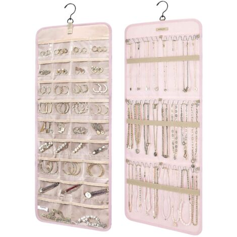 Pochette à bijoux, organisateur de bijoux suspendu, rouleau de rangement, porte-bijoux double face avec crochets métalliques, rose (1/5)