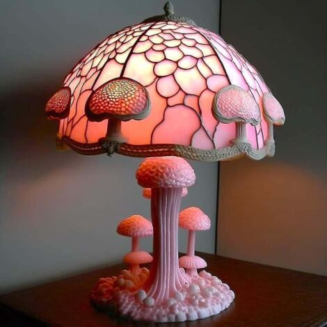 Lampe de table en vitrail à motifs végétaux (livraison gratuite) - Lampe de table champignon rose - Lampe de table champignon rose (1/5)