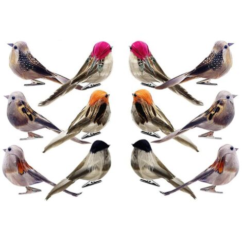 Lot de 12 oiseaux artificiels réalistes et éclatants, 6 couleurs différentes, plumes de moineau artificielles de printemps avec clip de fixation, décoration intérieure Kaesi- (1/5)