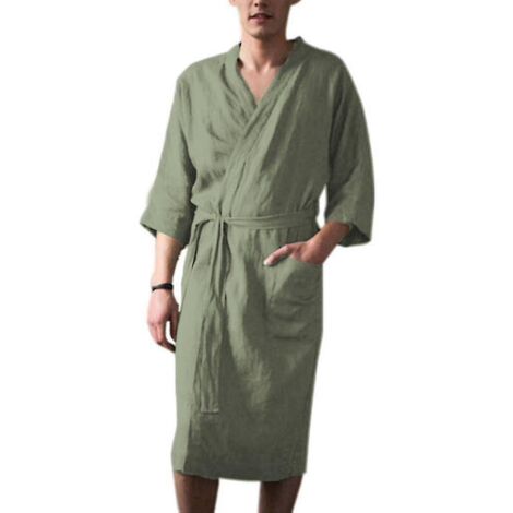 Peignoir de bain homme en coton et lin, manches 3/4, vert - Taille M (1/5)