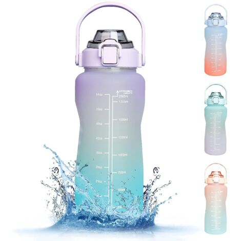 Gourde de sport de 2 litres avec paille et indicateur de temps, gourde d'un demi-gallon avec graduations, violette (1/5)