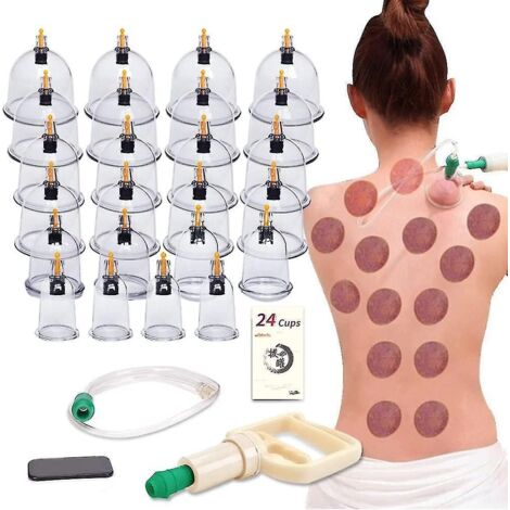 Kit de ventouses, 24 ventouses avec pompe à vide pour massage corporel, soulagement de la cellulite et des douleurs dorsales. (1/5)