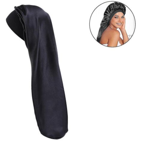 Bonnet de nuit long en satin noir, bonnet en soie extra large pour cheveux naturels (1/4)