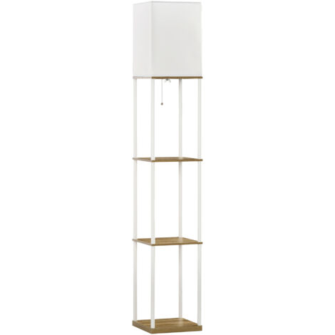 Lustre sur pied avec étagères, abat-jour en tissu, structure métallique, 26x26x159cm, Blanc/Brun (1/5)