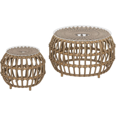 Set de 2 tables basses en polyrotin Ø66/42 cm avec plateau verre, résistant aux intempéries pour jardin extérieur, couleur marron (1/5)