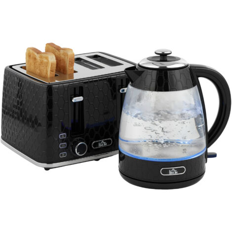 1,7L 2200W Bouilloire Rapide et Grille-Pain 4 Tranches avec Filtre Anti-Calcaire, Ensemble en Noir (1/5)