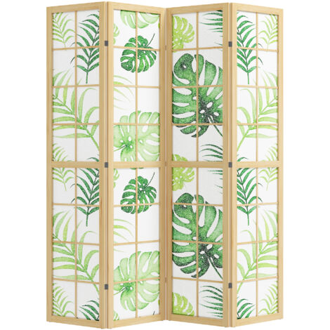 Paravent 4 panneaux pliable, motif tropical bohème, cadre en bois vert, séparateur d'espace autoportant (1/5)