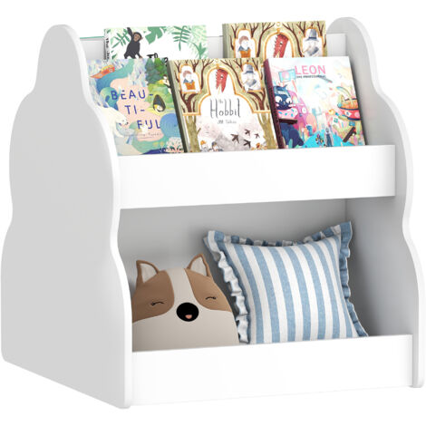 Étagère enfant à roulettes, bibliothèque 2 niveaux avec 4 compartiments, meuble rangement chambre et salle de jeux, 54x50x56 cm, blanc (1/5)