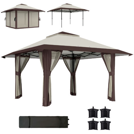 Pavillon de jardin 4x4 m avec moustiquaire, protection UPF50+, réglable en hauteur, tente de fête beige
