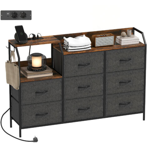 Commode 8 tiroirs en tissu, structure acier, station de charge, finition marron rustique et noir (1/5)